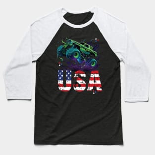 USA Monster Truck American Flag 4th July Men Boys Girls Race Baseball T-Shirt